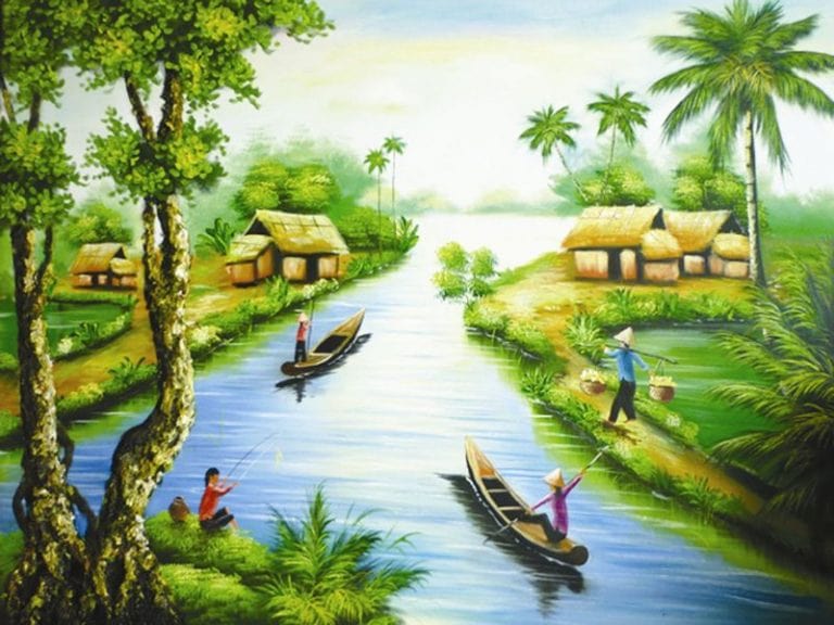 Treo tranh Tết với khung cảnh dòng sông quê, thuyền bè tấp nập