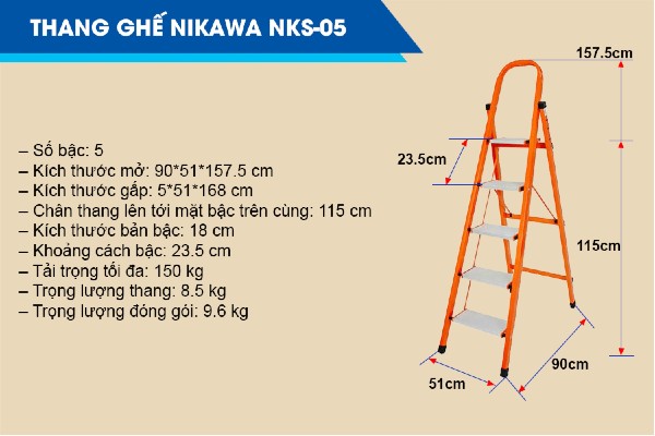 Thông số kỹ thuật thang nhôm ghế NKS-05
