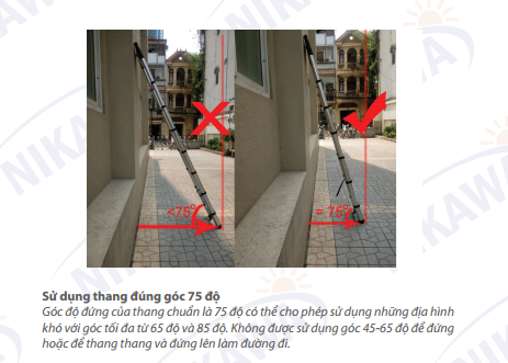 Sử dụng thang nhôm nên chú ý đến góc để thang đảm bảo an toàn khi sử dụng thang