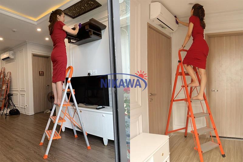 Sử dụng thang nhôm ghế Nikawa hỗ trợ vệ sinh nhà cửa